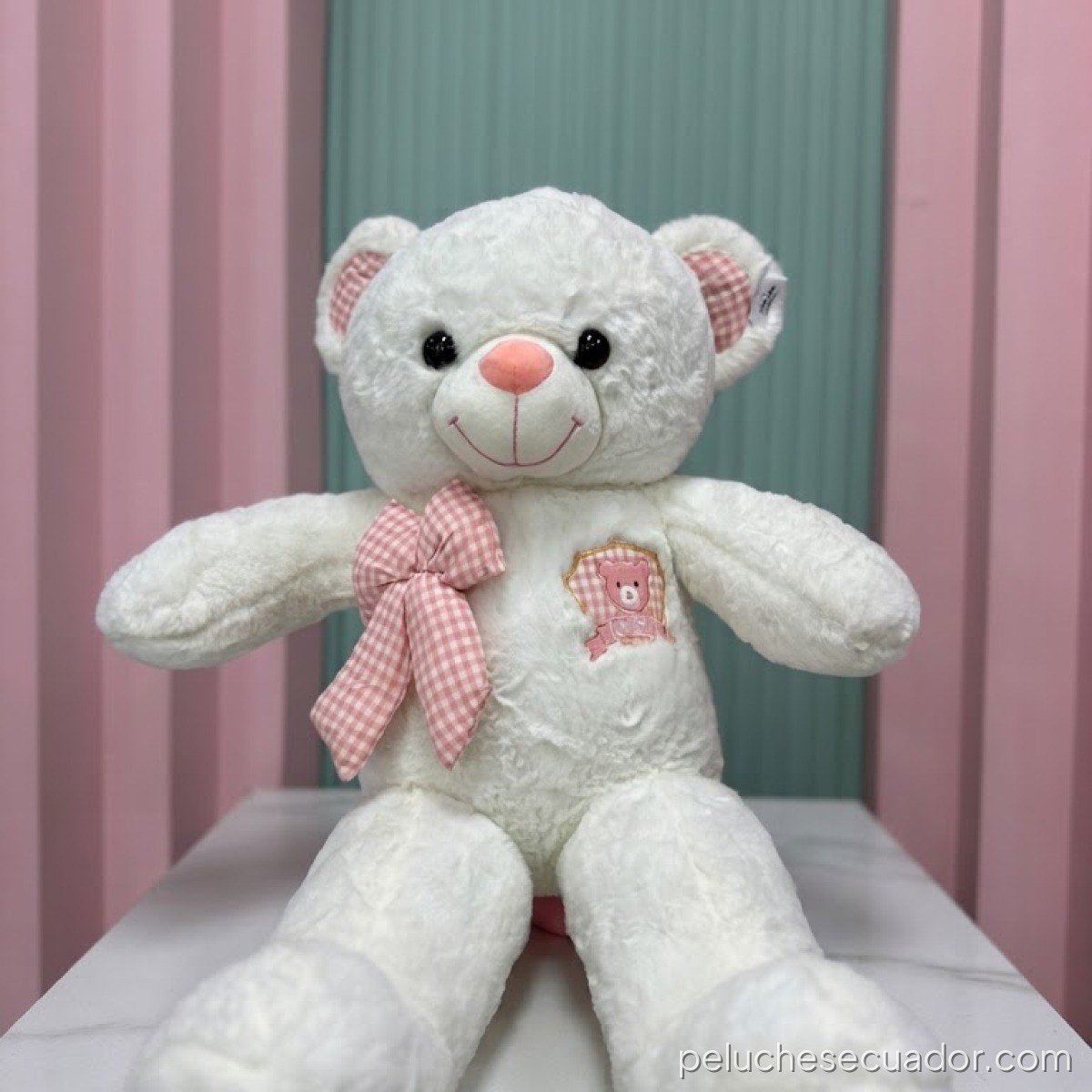 PELUCHE DE OSO BLANCO CON LAZO ROSADO